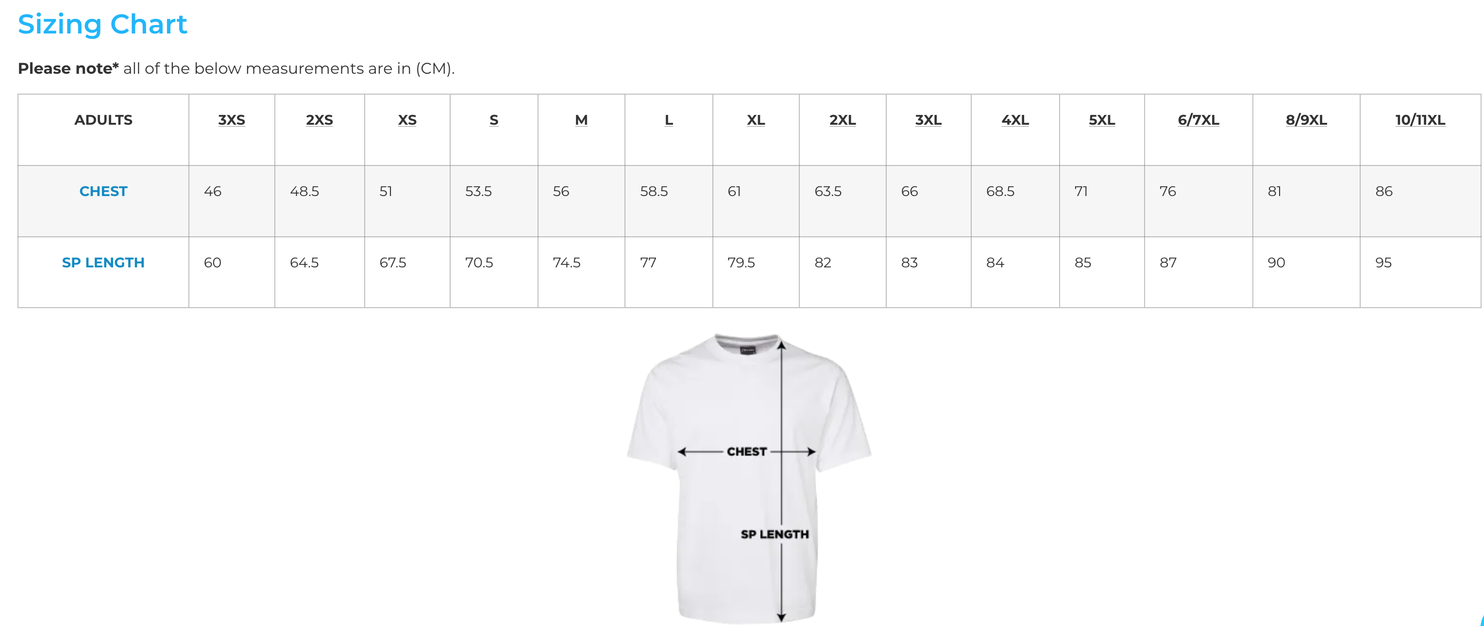 T-shirt sizing chart